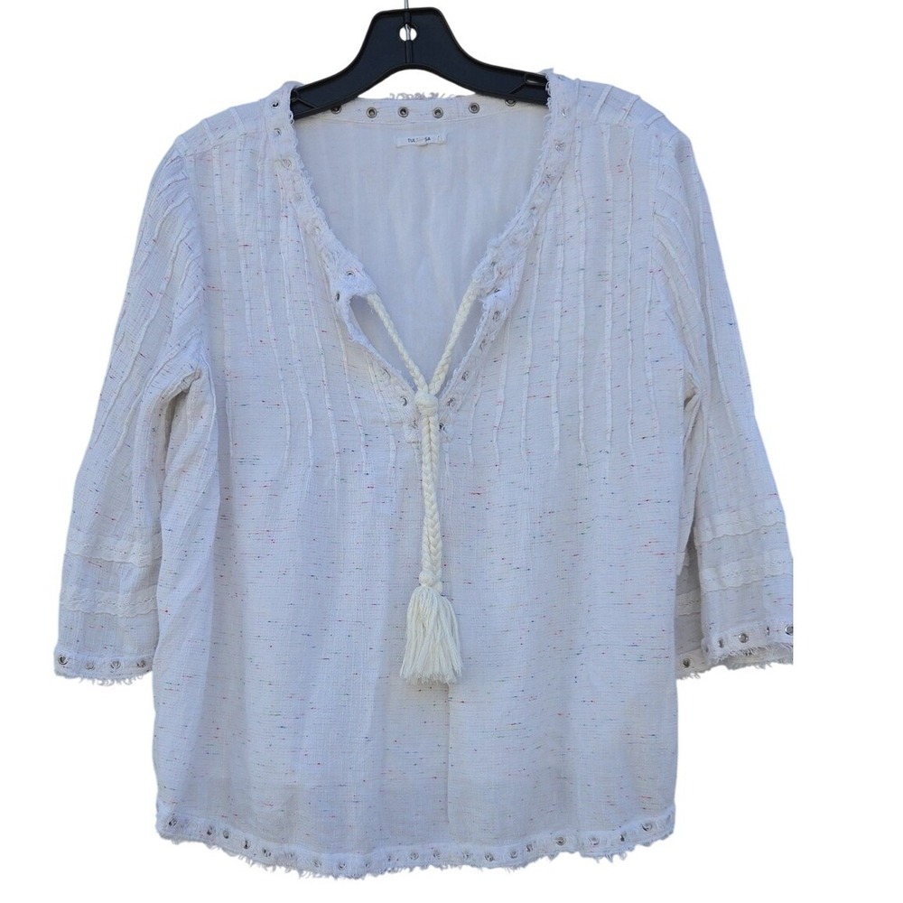 Tularosa Ivory Bell Sleeve Babydoll Blouse Boho Coastal Laceup Medium Pleated